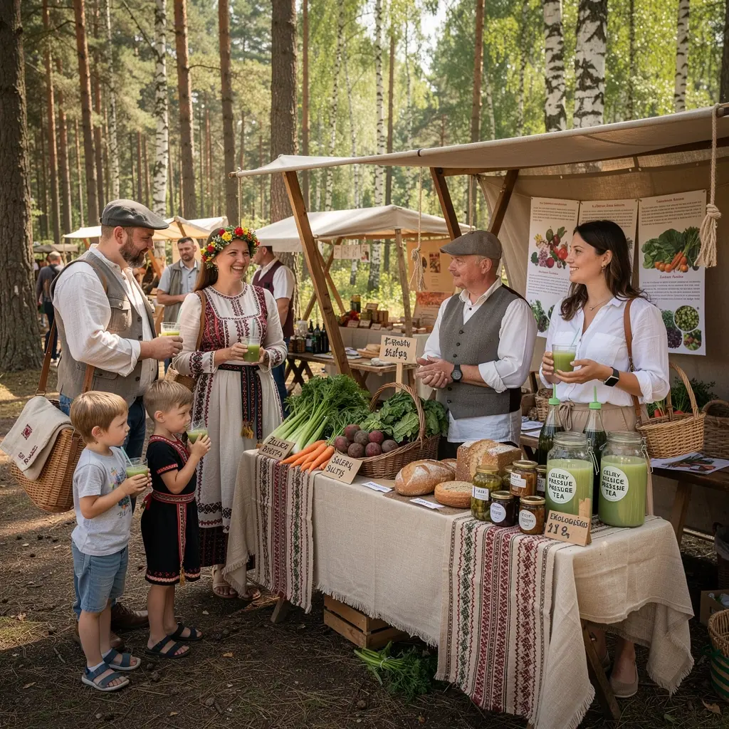 Salierų sulčių puodelis šalia šviežių daržovių.